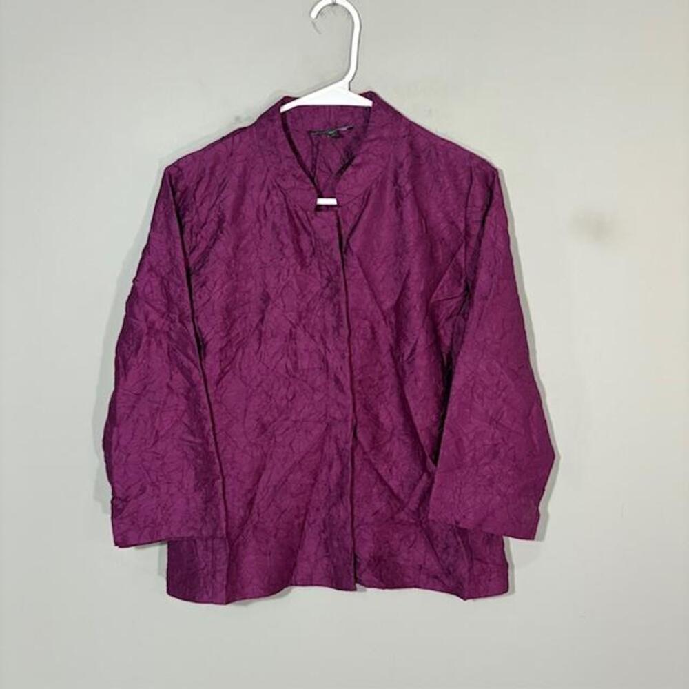 Eileen Fisher Jacket Womens XS Purple Silk Crinkle 3/4 Sleeve Collar Lightweight